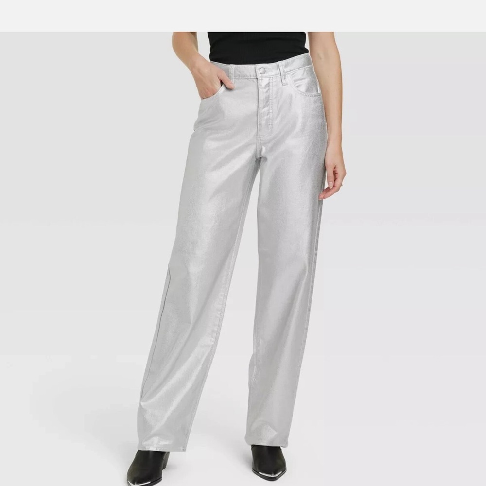WOMEN'S SILVER METALLIC 90's BAGGY WIDE-LEG BUTTON JEANS NWOT